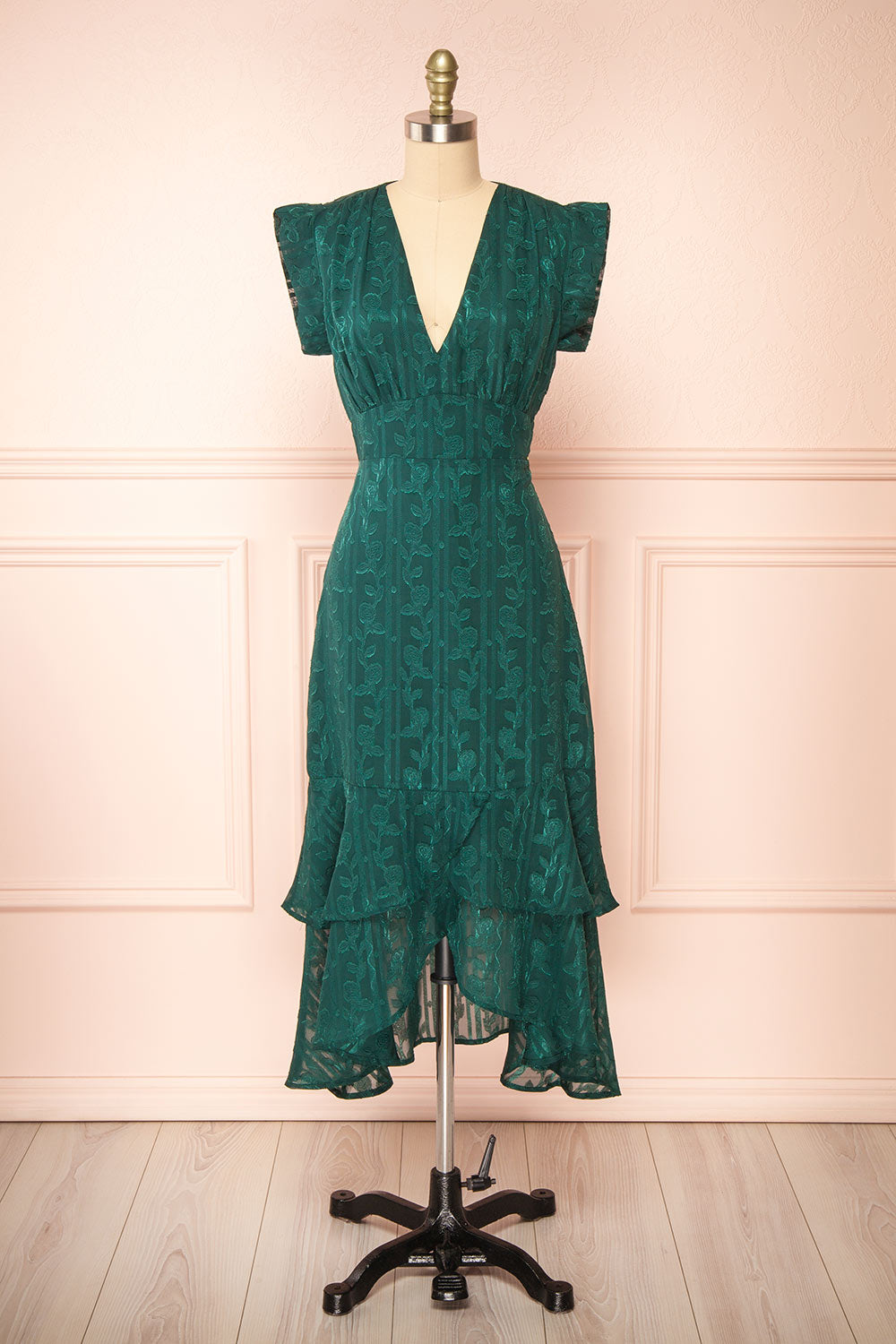 Evadora | Green Midi Dress w/ Textured Floral Fabric
