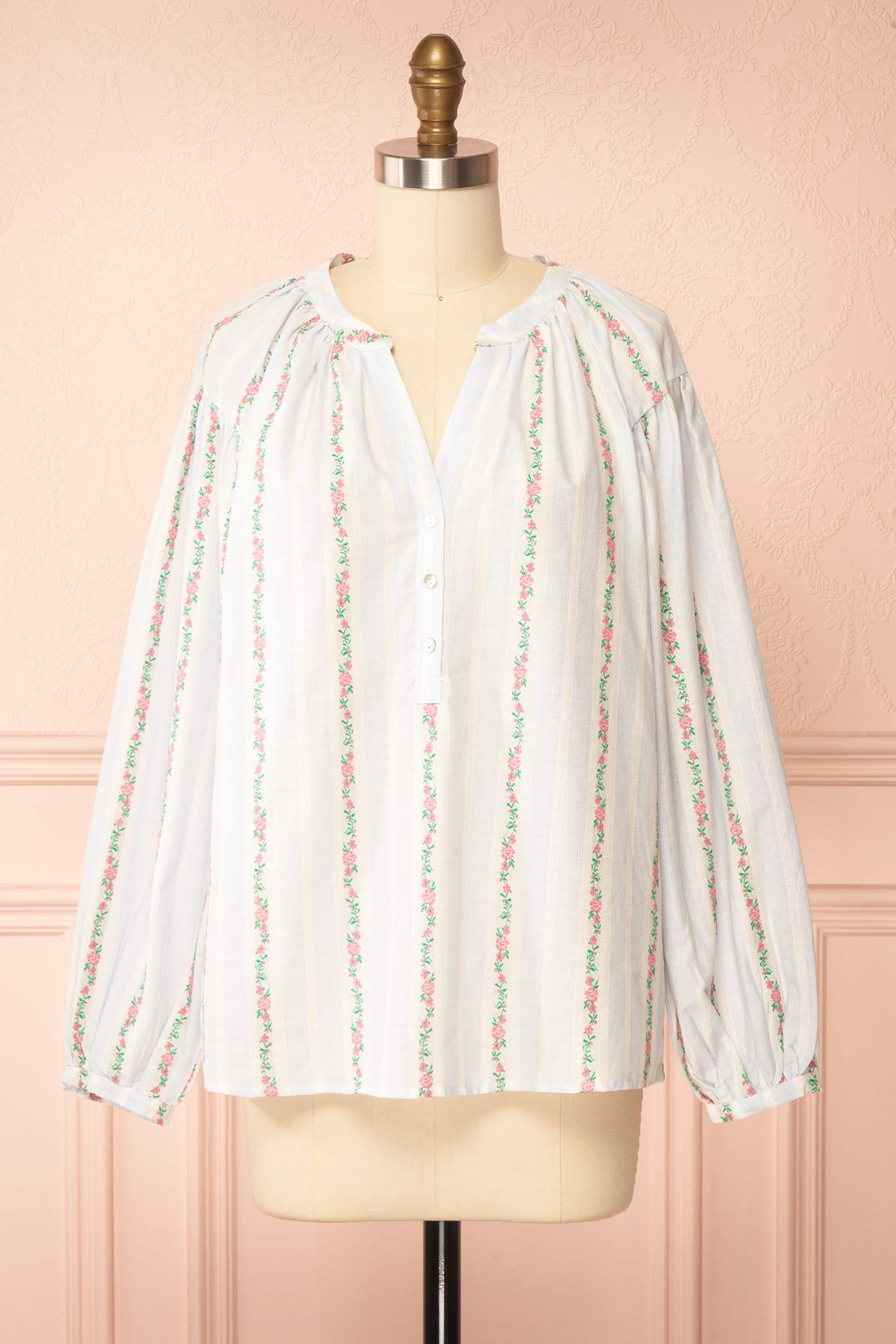 Frontview Evander Striped Blouse with Puff Sleeves at boutique 1861