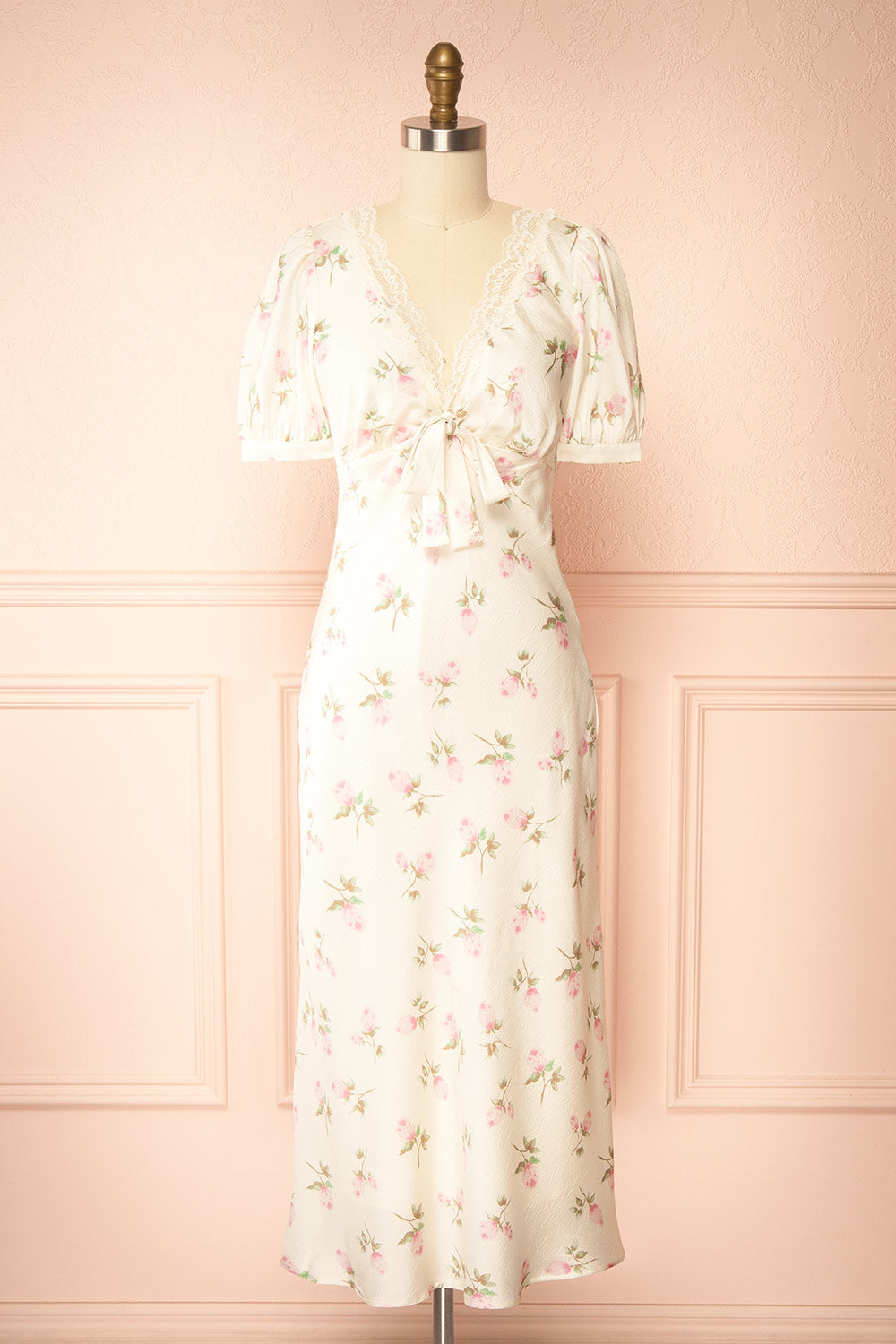 Evangelina Ivory Floral Satin Midi Dress with Puff Sleeves | Boutique 1861 front view