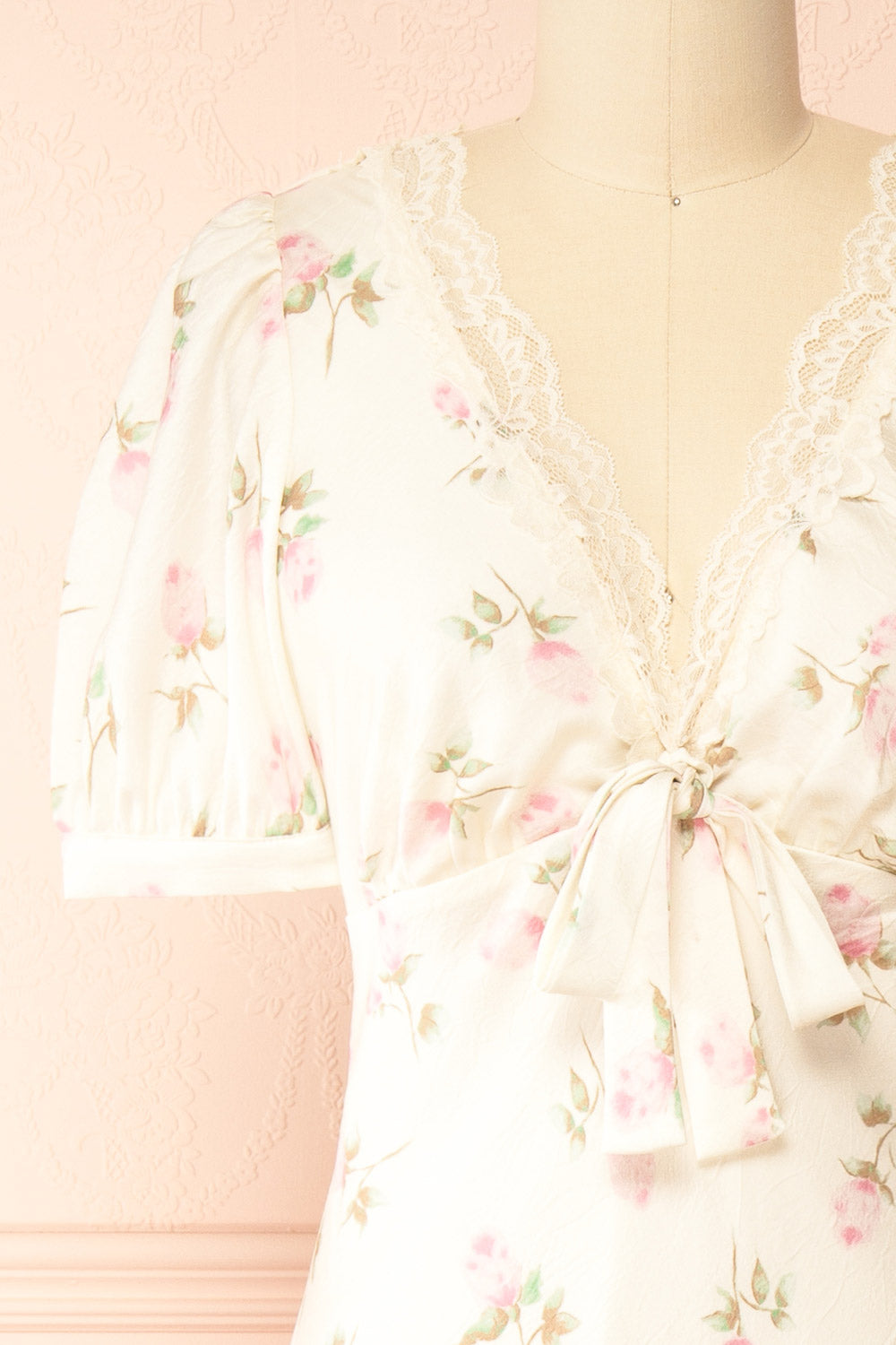 Evangelina Ivory Floral Satin Midi Dress with Puff Sleeves | Boutique 1861 front