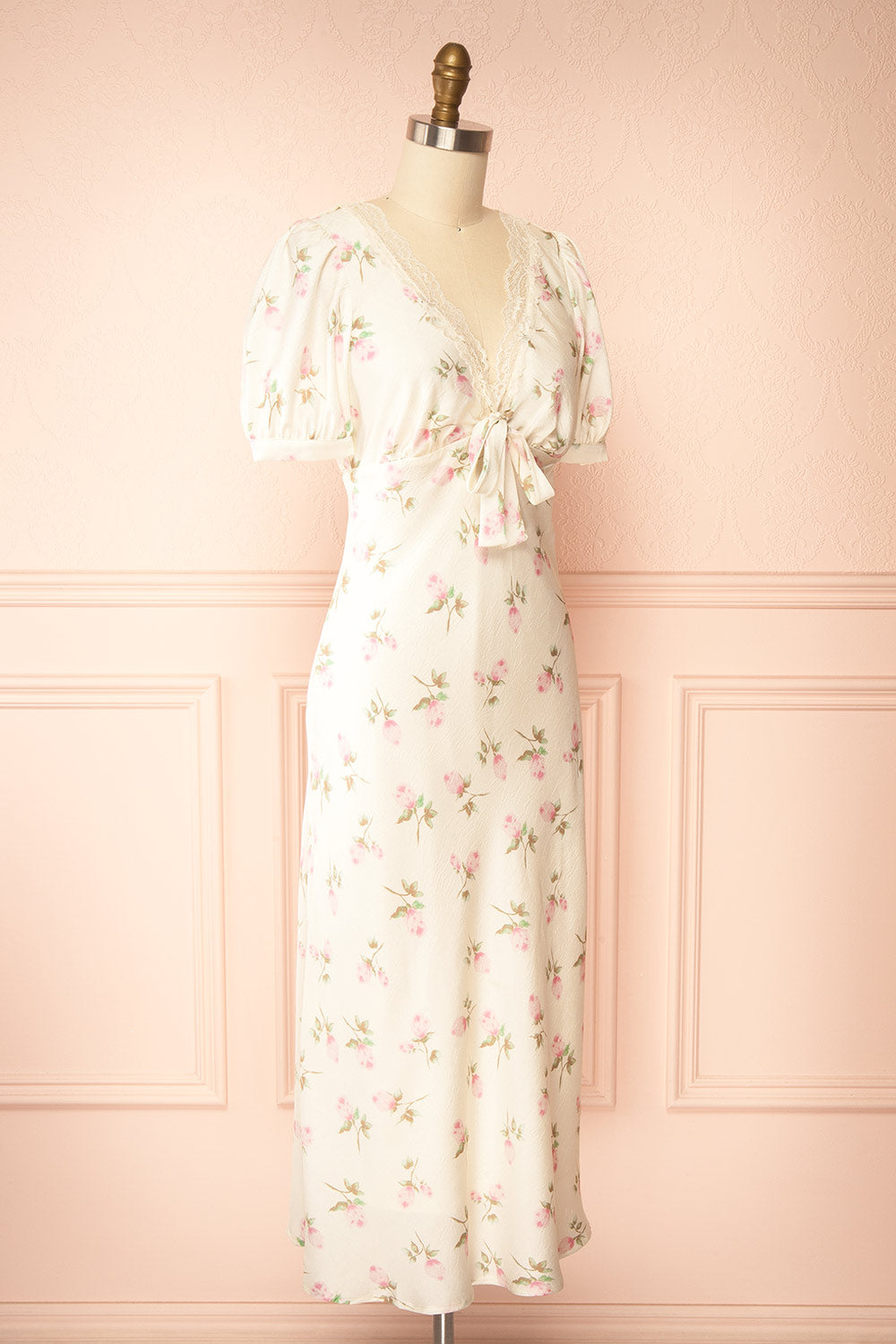 Evangelina Ivory Floral Satin Midi Dress with Puff Sleeves | Boutique 1861 side view
