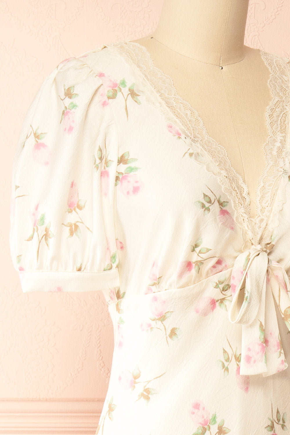 Evangelina Ivory Floral Satin Midi Dress with Puff Sleeves | Boutique 1861 side