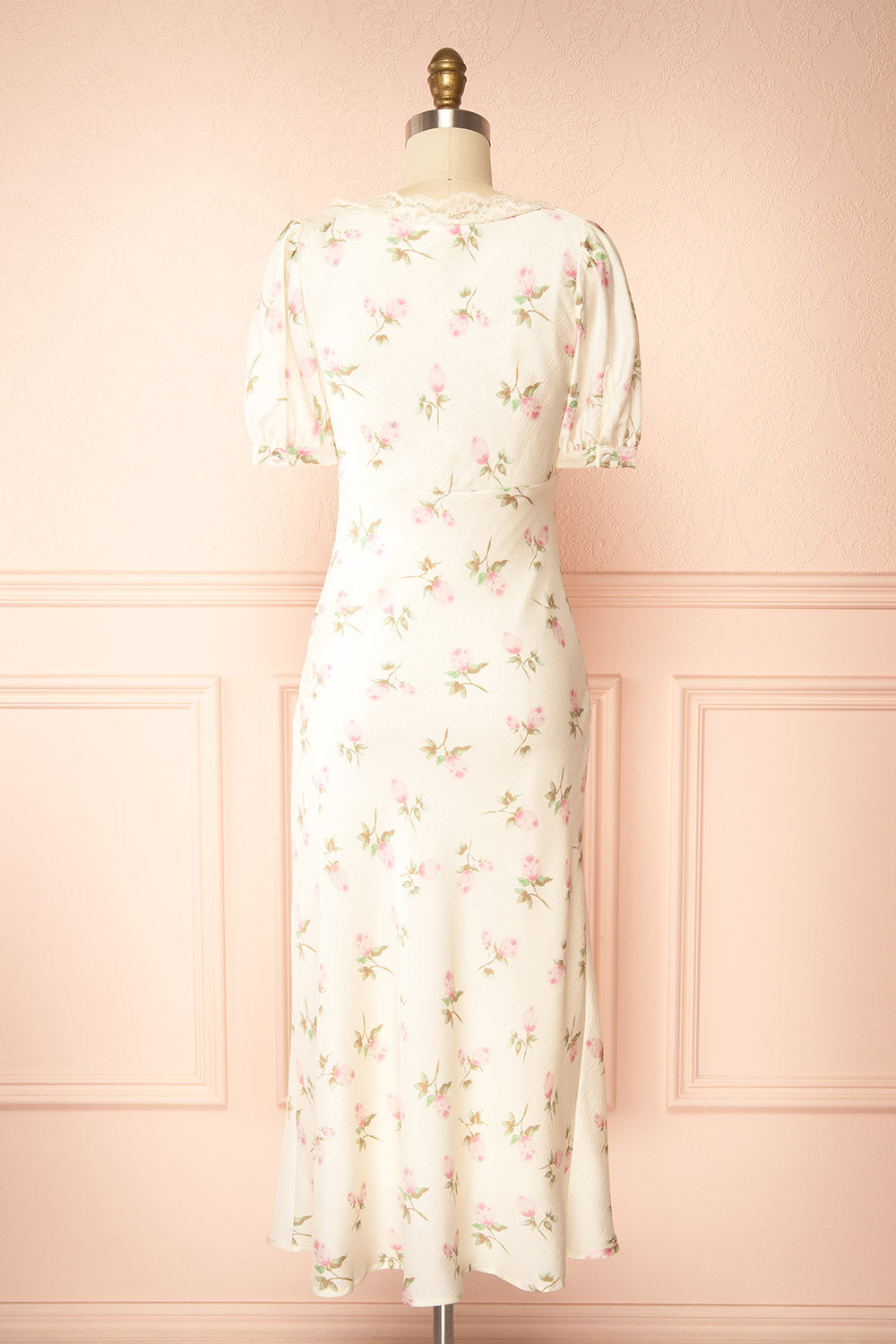 Evangelina Ivory Floral Satin Midi Dress with Puff Sleeves | Boutique 1861 back view