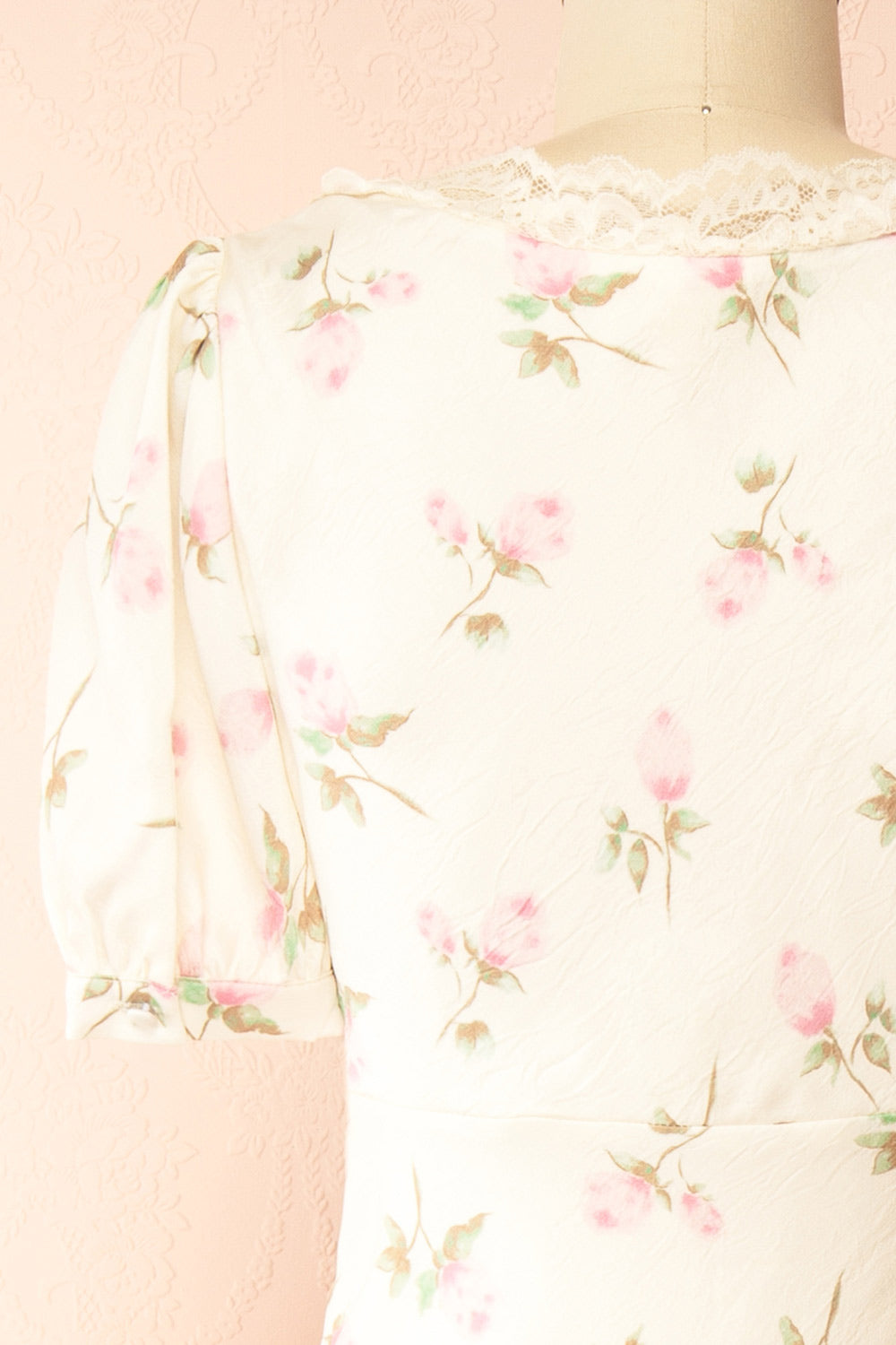 Evangelina Ivory Floral Satin Midi Dress with Puff Sleeves | Boutique 1861 back 