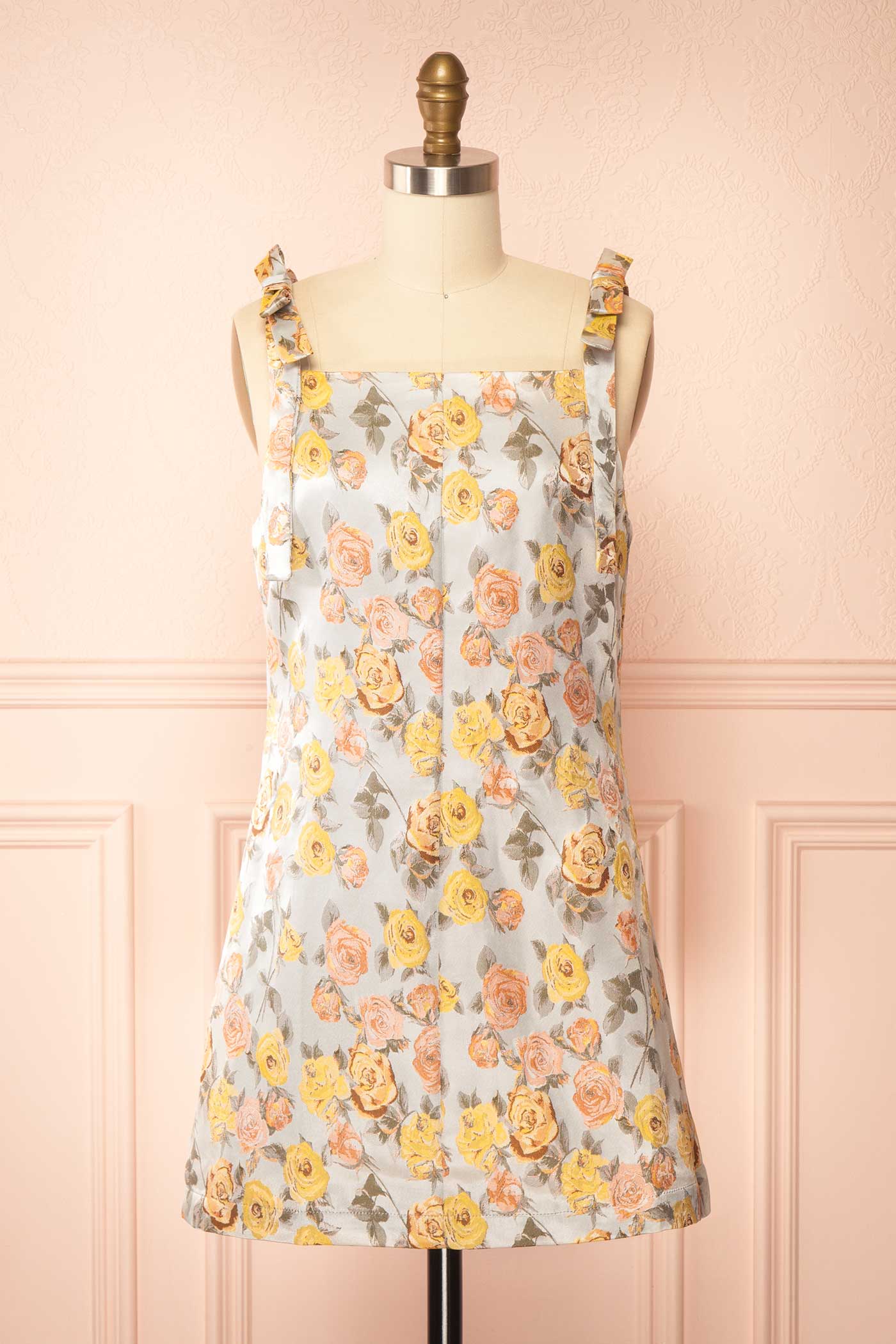 Frontview Evanna Grey Floral Jacquard Short Dress at la boutique 1861