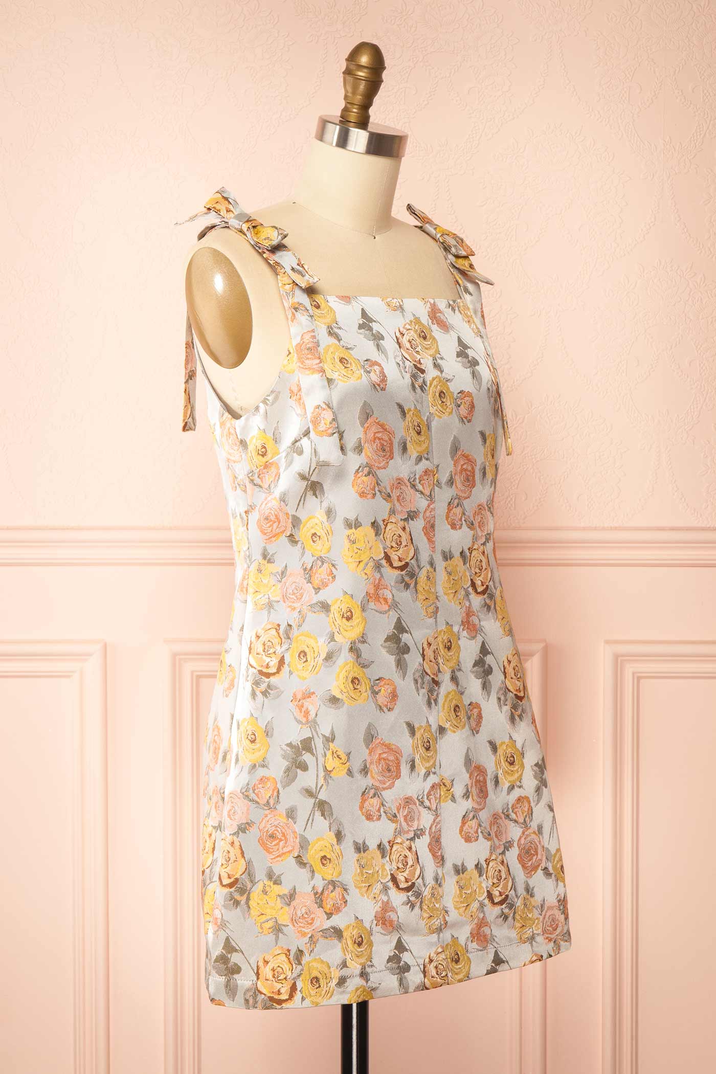 Sideview Evanna Grey Floral Jacquard Short Dress at la boutique 1861