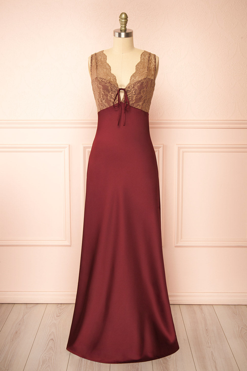 Evara Burgundy Maxi Satin Slip Dress w/ Lace | Boutique 1861 front view