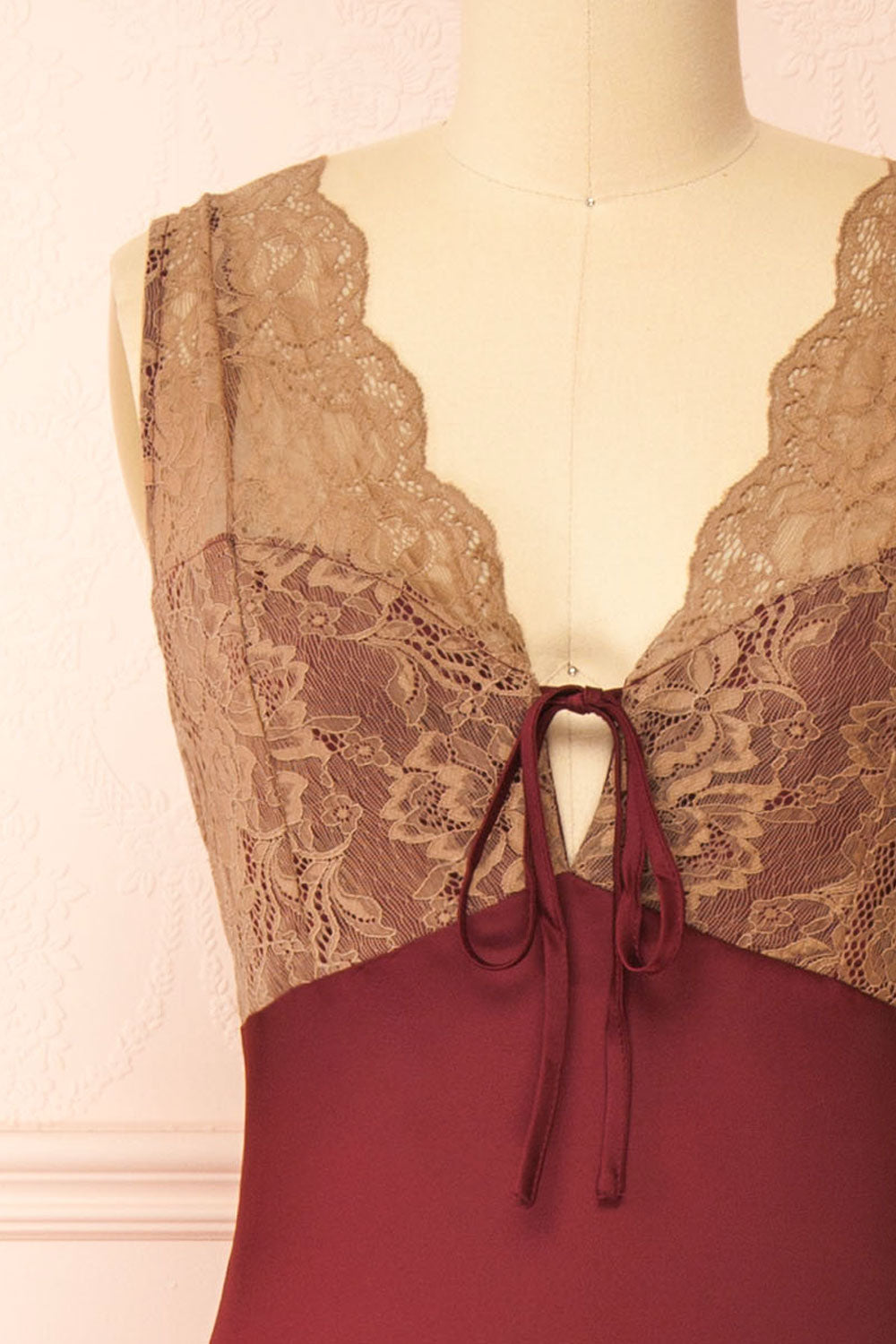 Evara Burgundy Maxi Satin Slip Dress w/ Lace | Boutique 1861 front