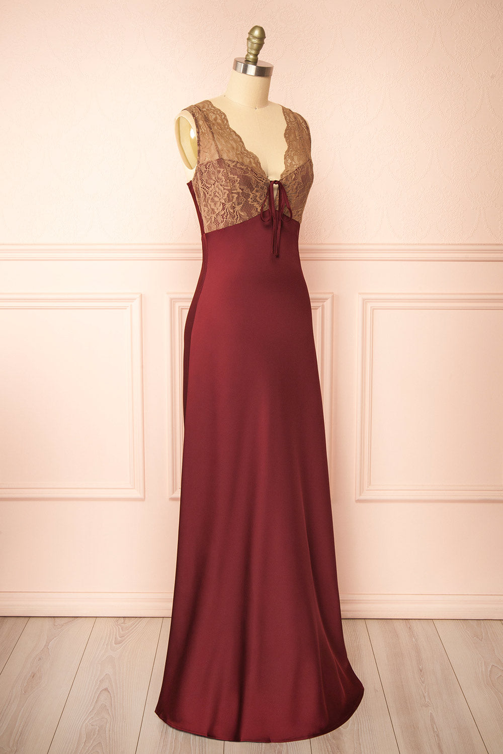 Evara Burgundy Maxi Satin Slip Dress w/ Lace | Boutique 1861 side view