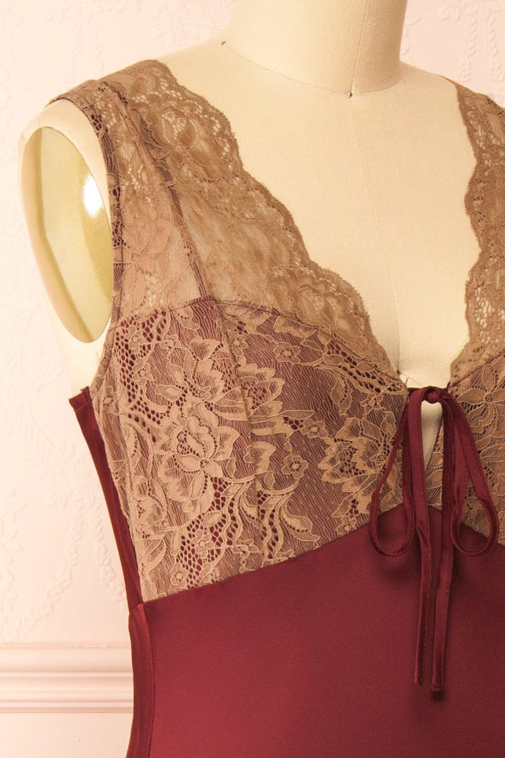 Evara Burgundy Maxi Satin Slip Dress w/ Lace | Boutique 1861  side