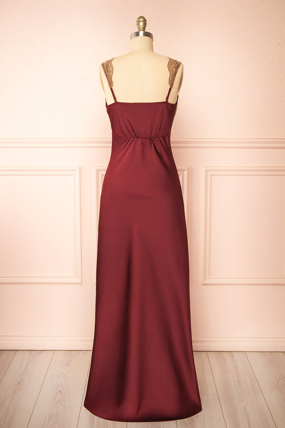 Evara Burgundy Maxi Satin Slip Dress w/ Lace | Boutique 1861  back view