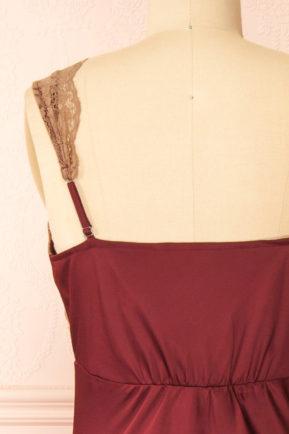 Evara Burgundy Maxi Satin Slip Dress w/ Lace | Boutique 1861  back