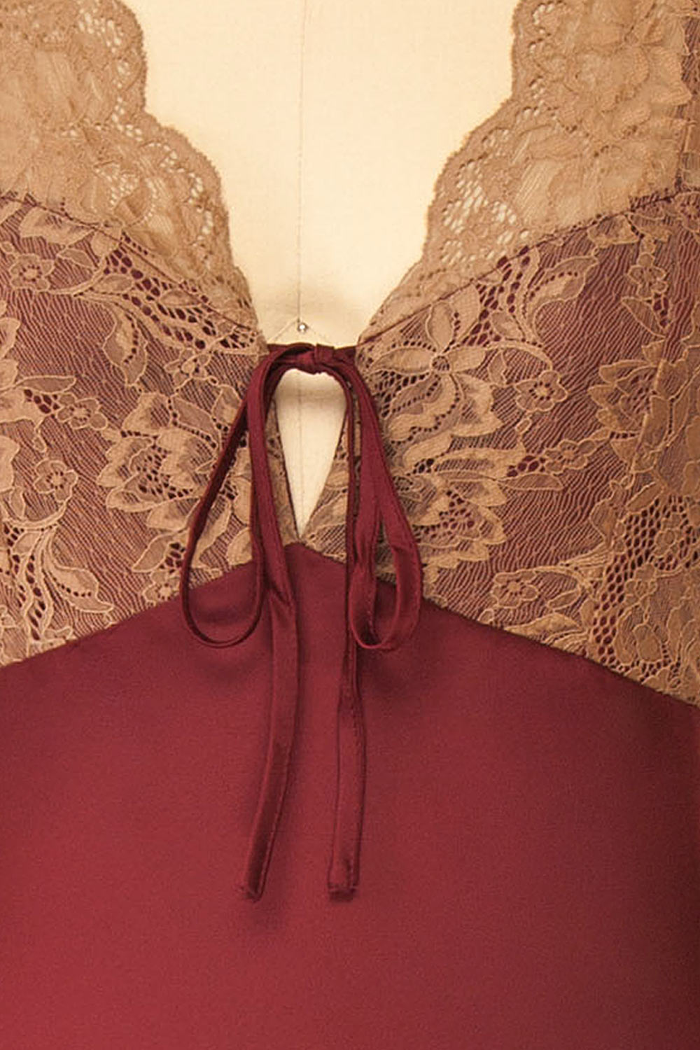 Evara Burgundy Maxi Satin Slip Dress w/ Lace | Boutique 1861 fabric