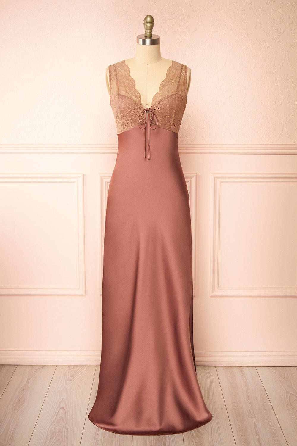 Evara Mauve Maxi Satin Slip Dress w/ Lace | Boutique 1861 front view