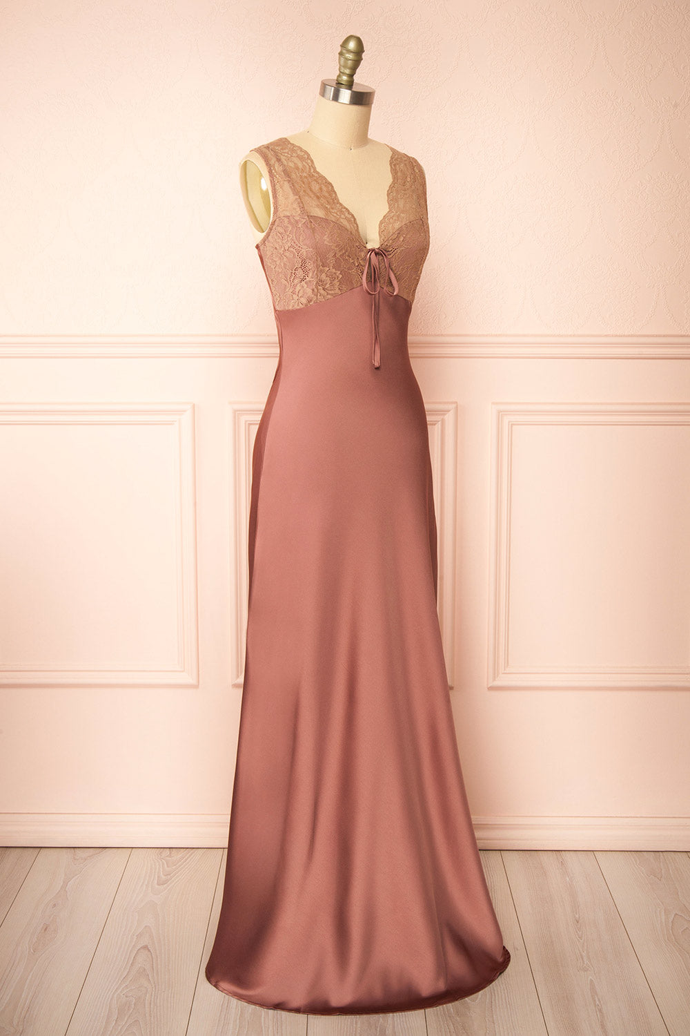 Evara Mauve Maxi Satin Slip Dress w/ Lace | Boutique 1861 side view