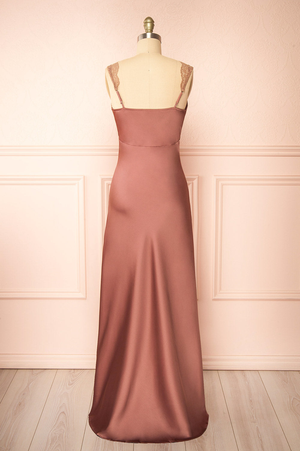 Evara Mauve Maxi Satin Slip Dress w/ Lace | Boutique 1861 back view