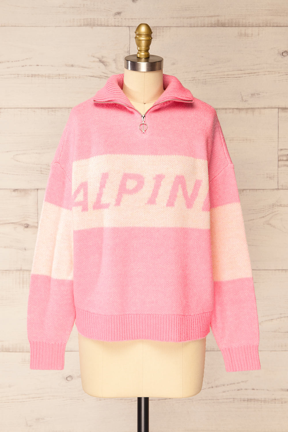 Everest Pink Knit Quarter Zip Sweater | La petite garçonne front view