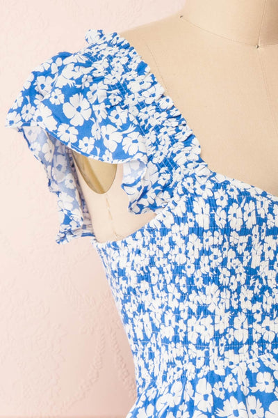 Eviana Short Blue Floral Dress w/ Ruched Bust | Boutique 1861 side close-up