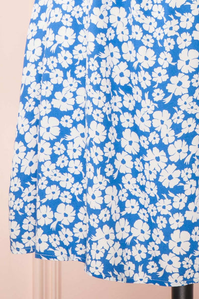 Eviana Short Blue Floral Dress w/ Ruched Bust | Boutique 1861bottom close-up