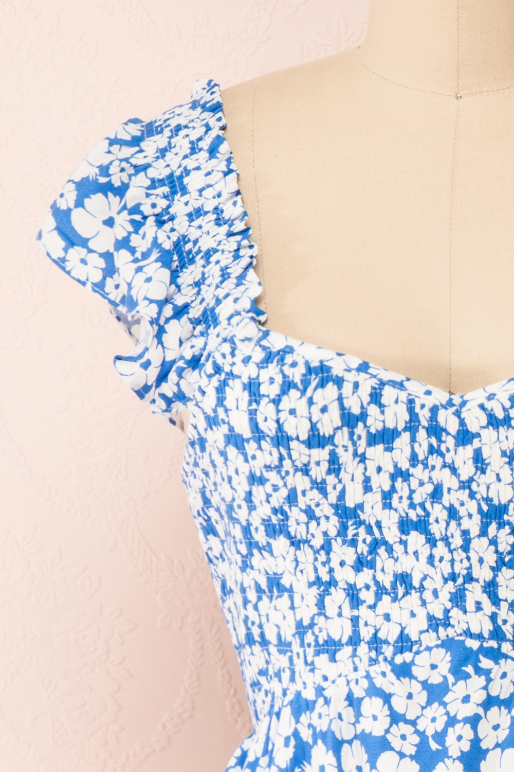 Eviana Short Blue Floral Dress w/ Ruched Bust | Boutique 1861 front close-up