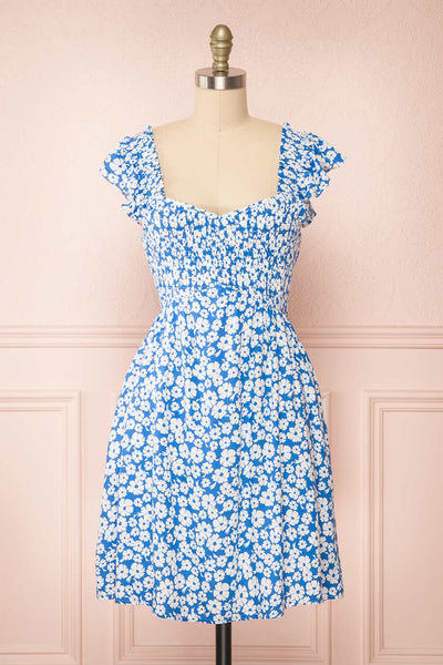 Eviana Short Blue Floral Dress w/ Ruched Bust | Boutique 1861 front view