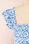 Eviana Short Blue Floral Dress w/ Ruched Bust | Boutique 1861 back close-up
