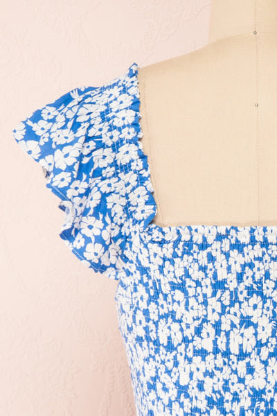 Eviana Short Blue Floral Dress w/ Ruched Bust | Boutique 1861 back close-up