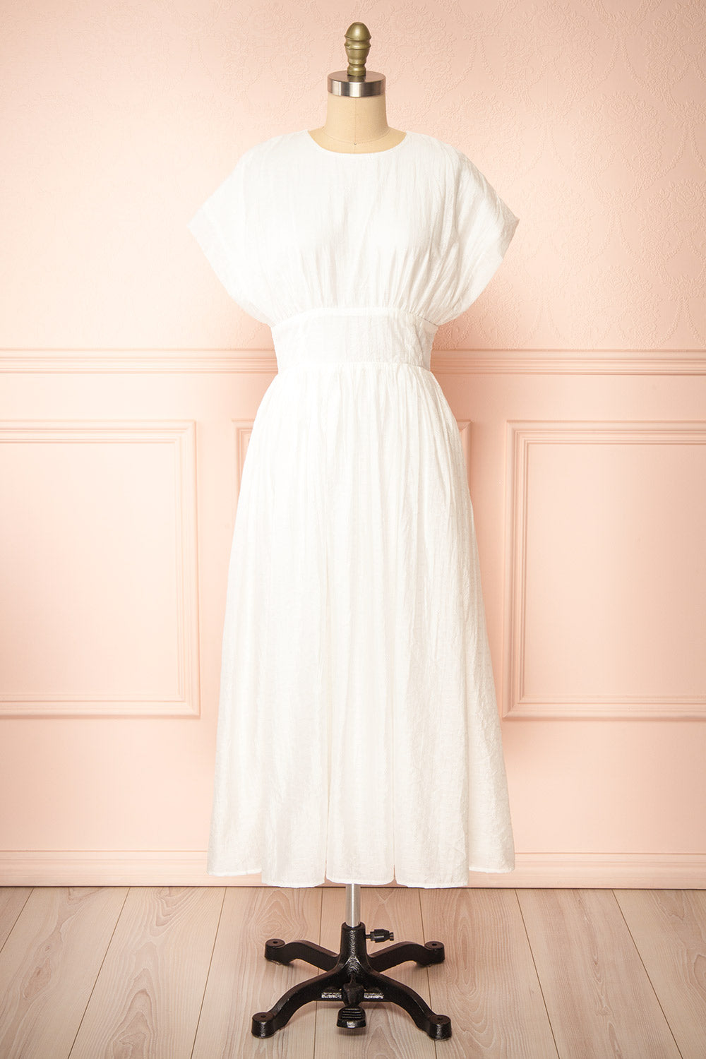 Evitae White Midi Dress w/ Short Sleeves | Boutique 1861 front view