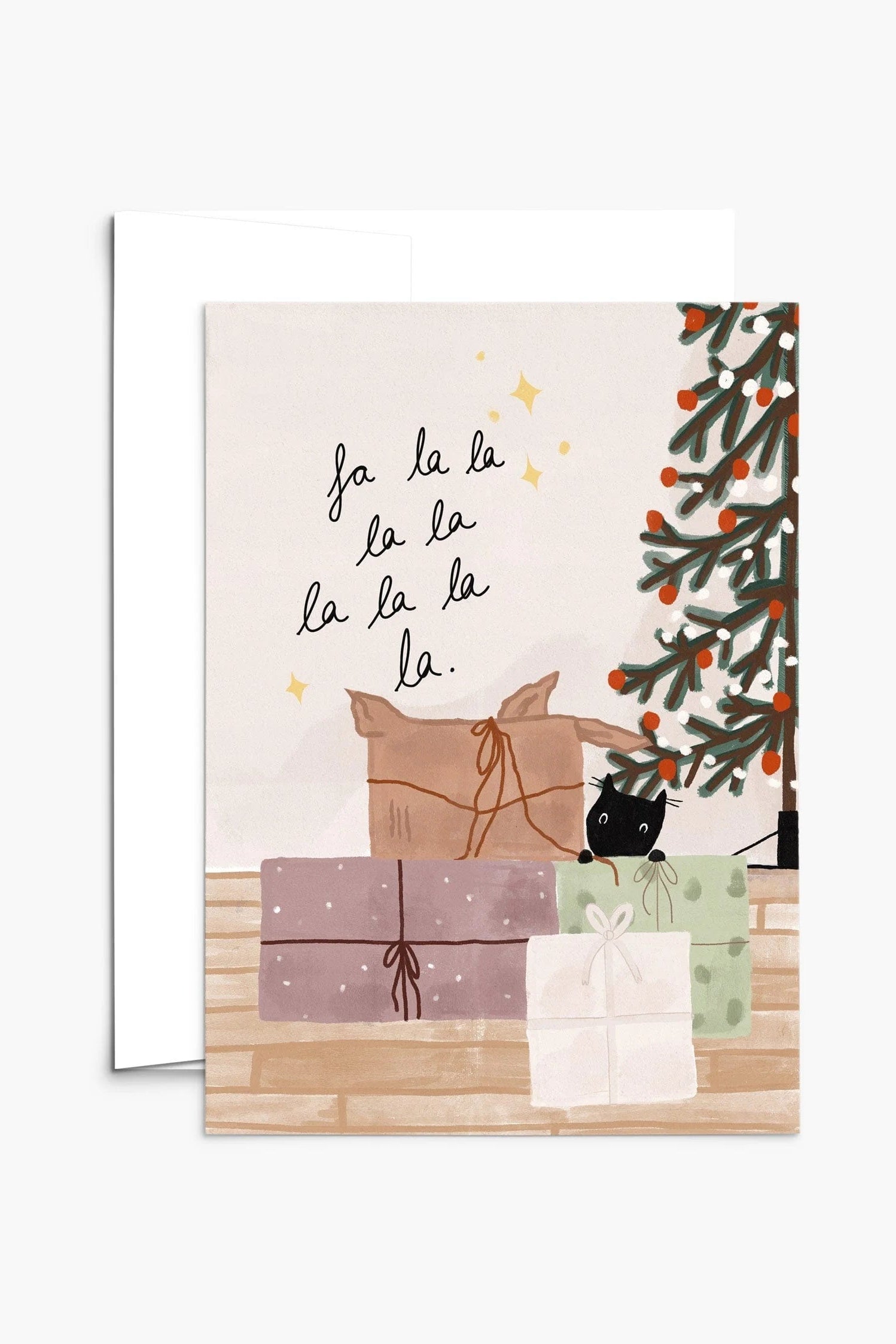 Greeting card from Mimi & August with Christmas design featuring a cat, presents, and tree.