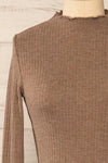 Faaset Taupe Ribbed Top w/ Stand Collar | La petite garçonne front close-up
