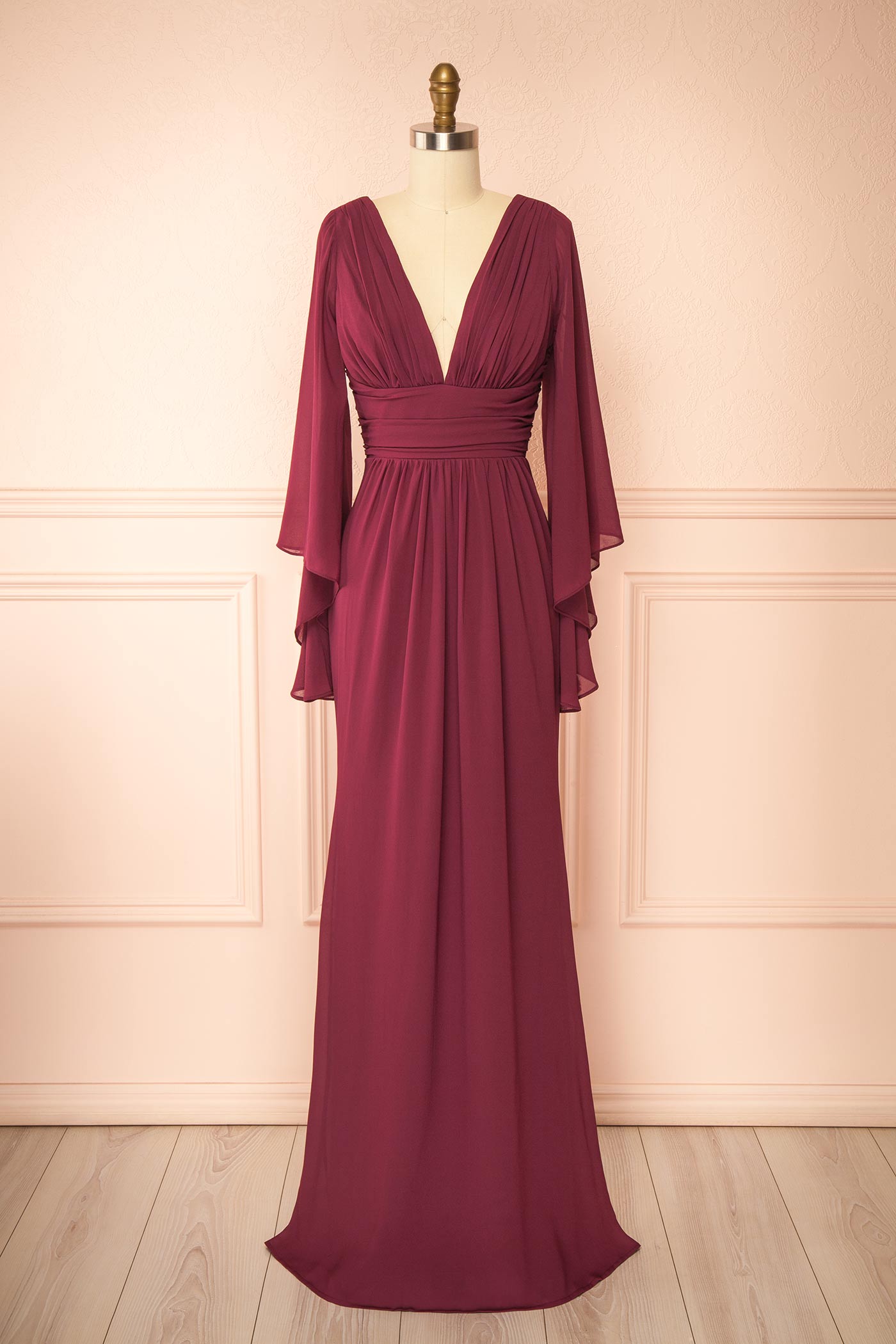 Fabiana Burgundy V-Neck Maxi Dress with Bell Sleeves | Boutique 1861 front 