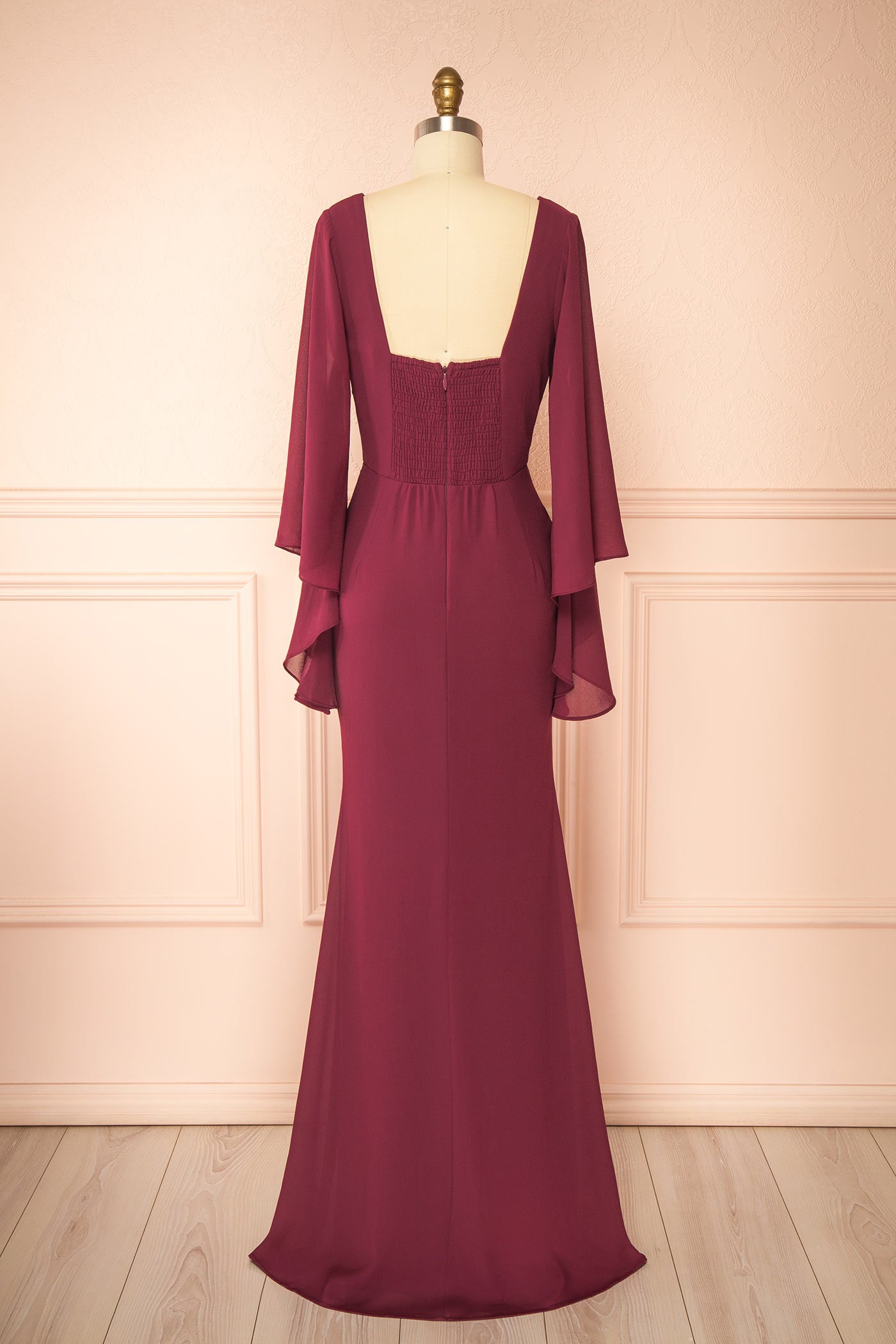 Fabiana Burgundy V-Neck Maxi Dress with Bell Sleeves | Boutique 1861 back 