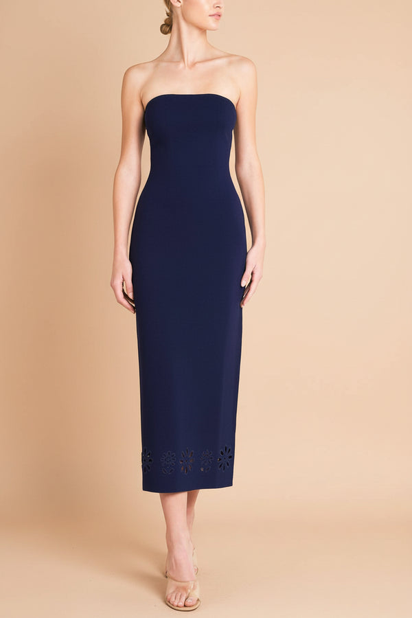 Fable Navy Strapless Fitted Knit Midi Dress with Floral Eyelets | Boutique 1861 Fable Navy Strapless Fitted Knit Midi Dress with Floral Eyelets | Boutique 1861