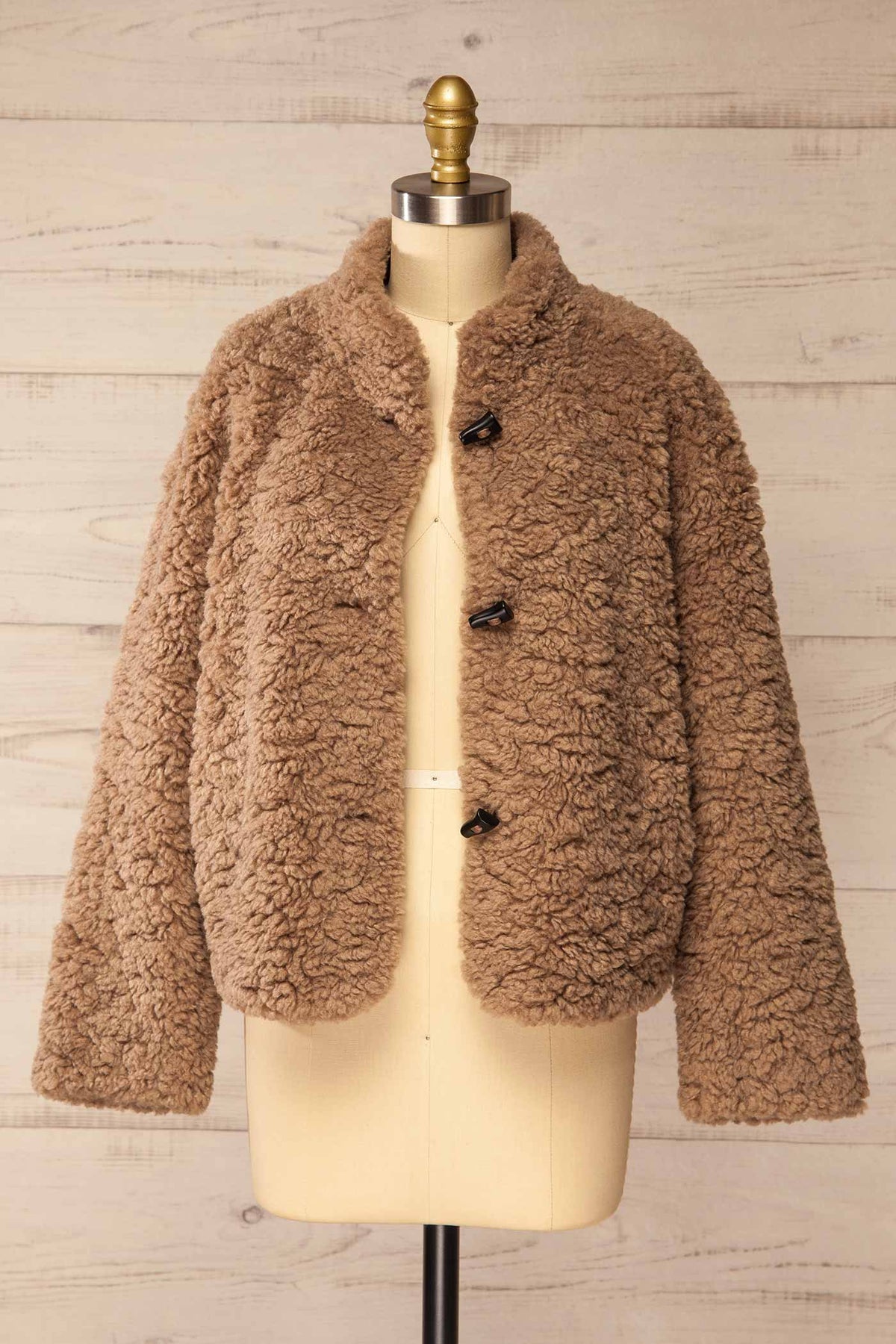 open view of Fadina Brown Toggle Closures Sherpa Jacket with Pockets at La petite garçonne