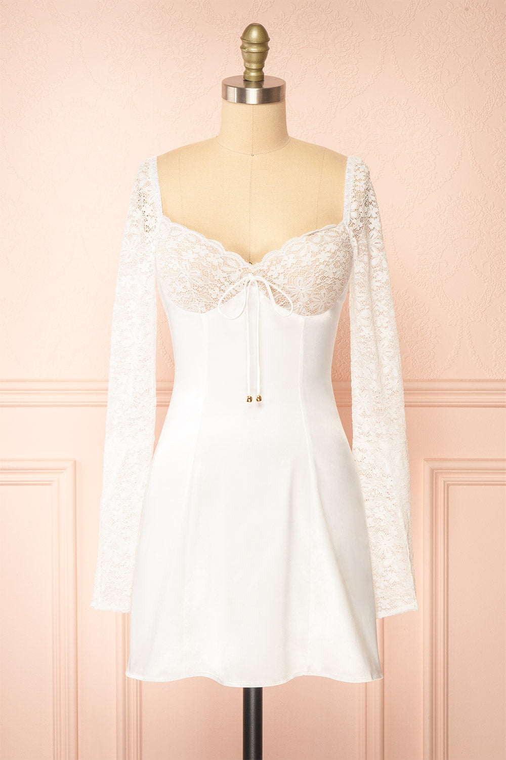 Faerelia Short White Satin Dress w/ Lace Sleeves | Boutique 1861 front view