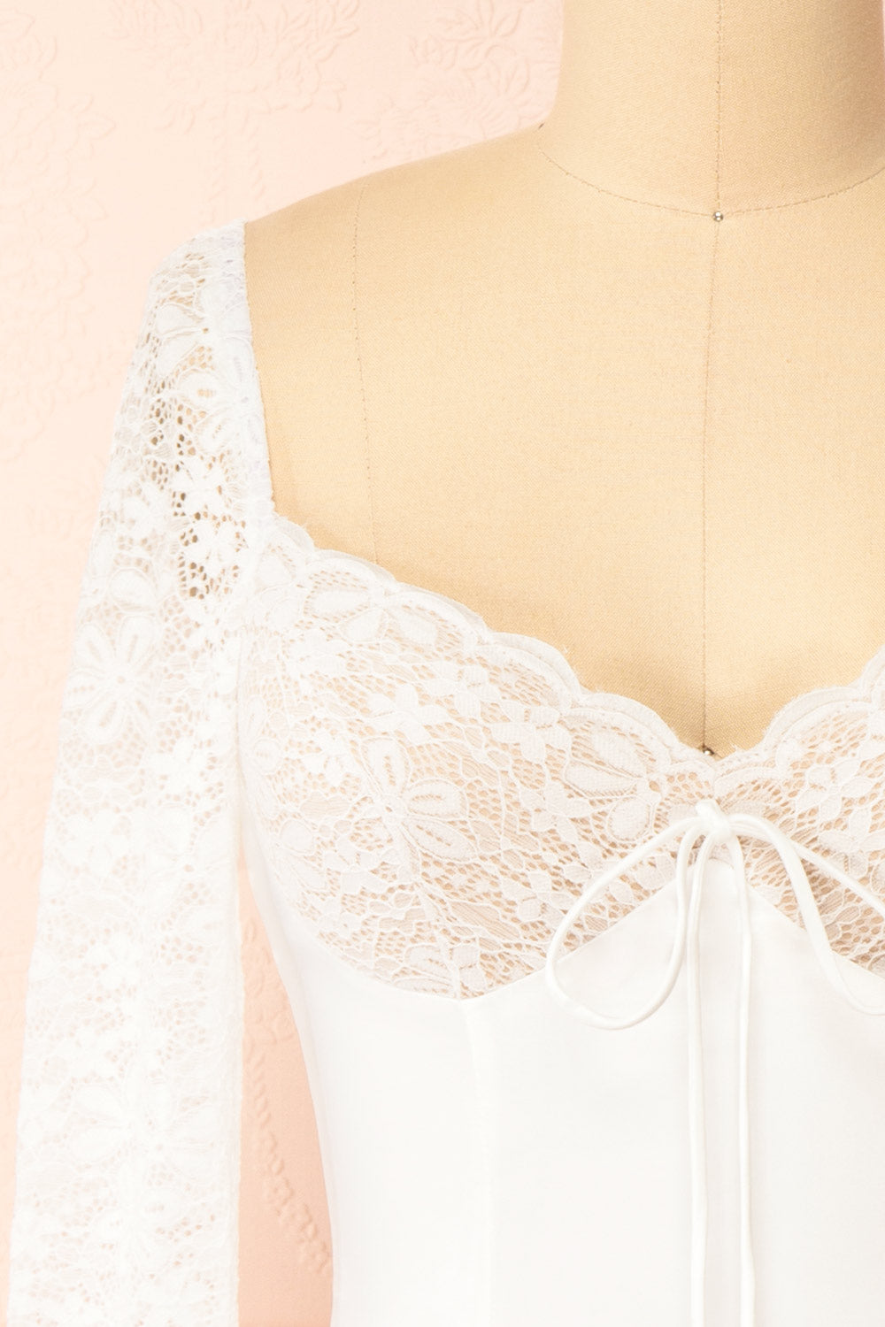 Faerelia Short White Satin Dress w/ Lace Sleeves | Boutique 1861 front