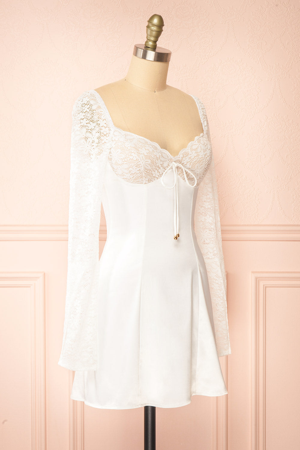 Faerelia Short White Satin Dress w/ Lace Sleeves | Boutique 1861 side view 