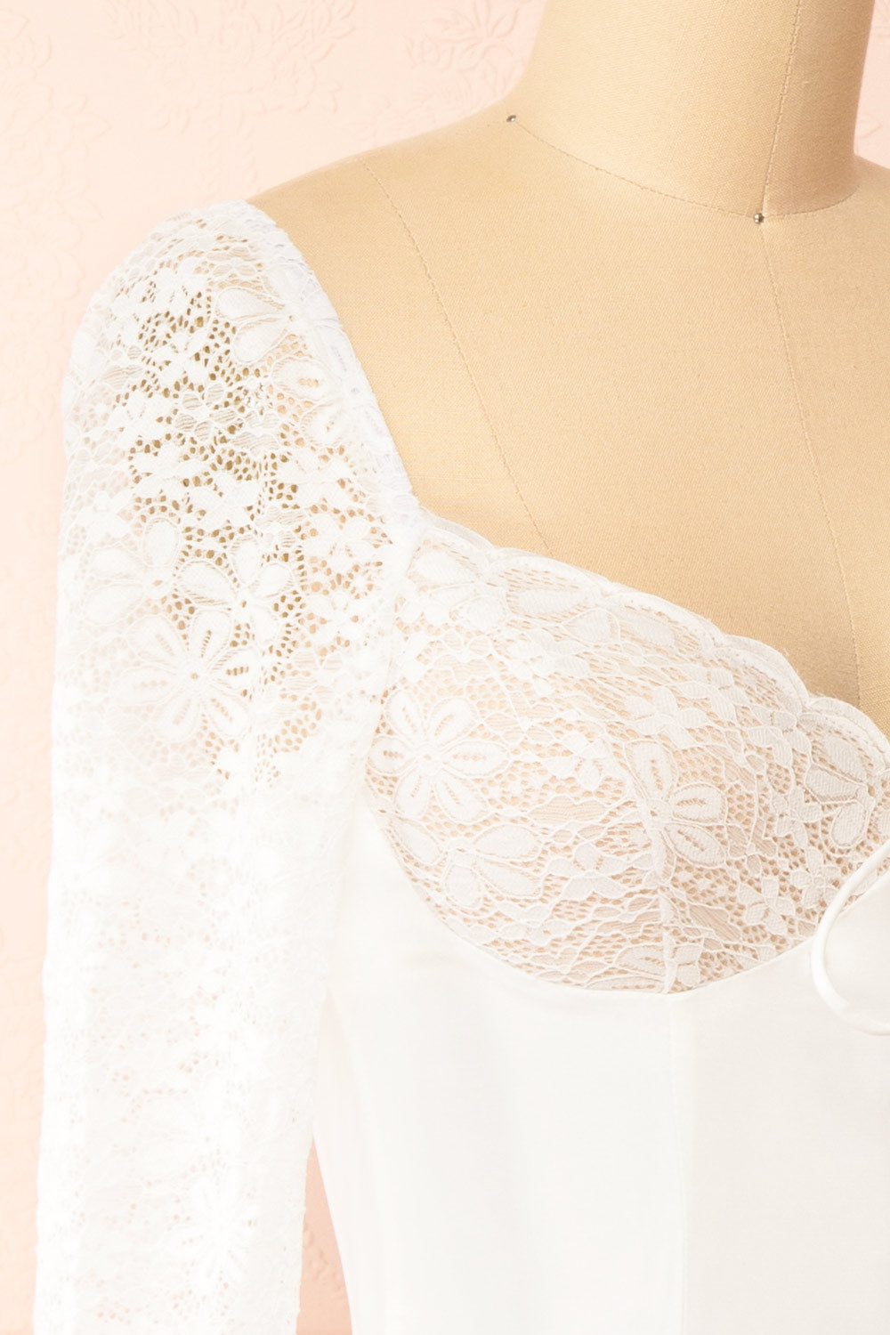 Faerelia Short White Satin Dress w/ Lace Sleeves | Boutique 1861 side 