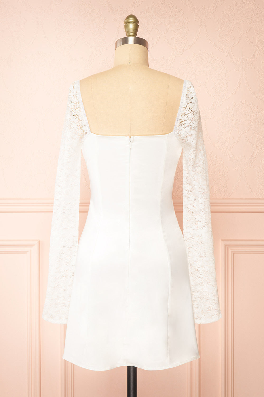 Faerelia Short White Satin Dress w/ Lace Sleeves | Boutique 1861 back view