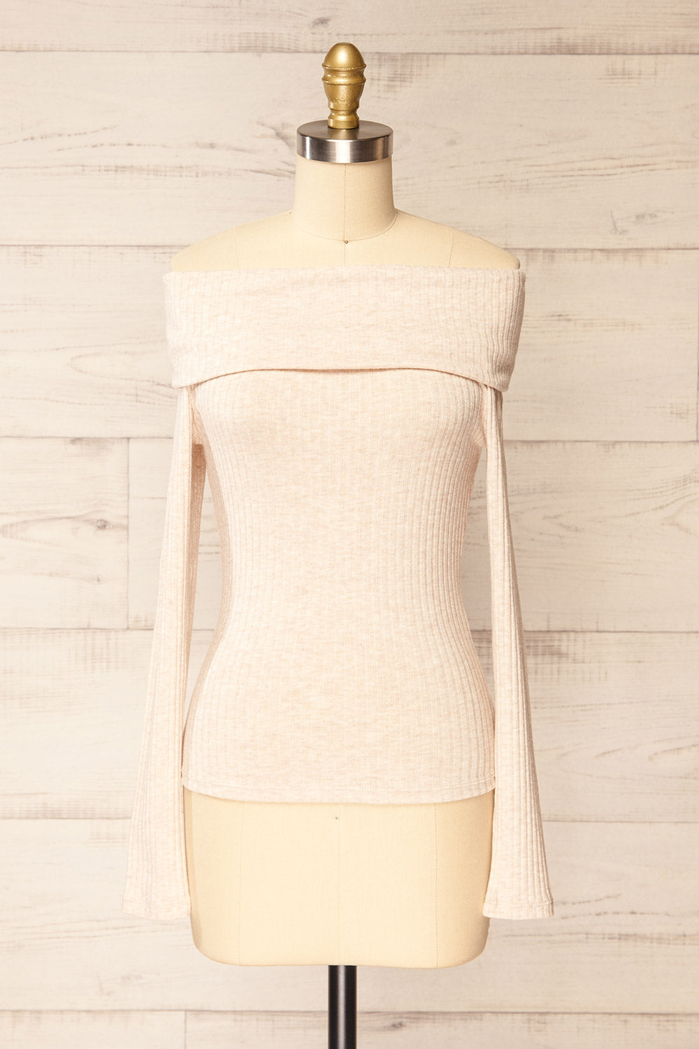 Fairford Beige Off-Shoulder Long Sleeve Knit Top | La petite garçonne front view