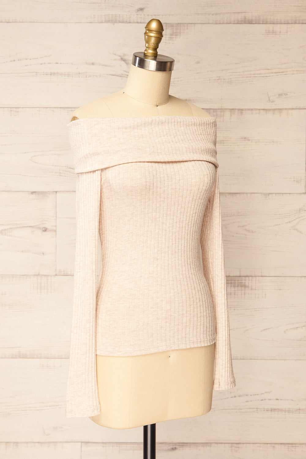 Fairford Beige Off-Shoulder Long Sleeve Knit Top | La petite garçonne side view