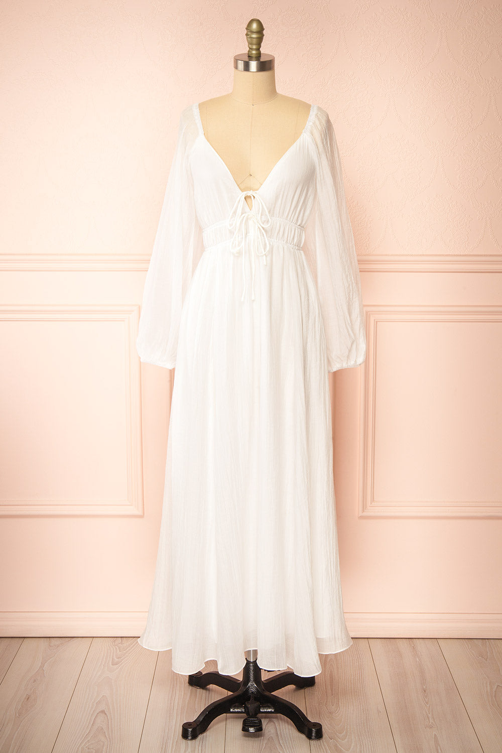 Fallon White Maxi Dress w/ Long Sleeves | Boutique 1861 front view