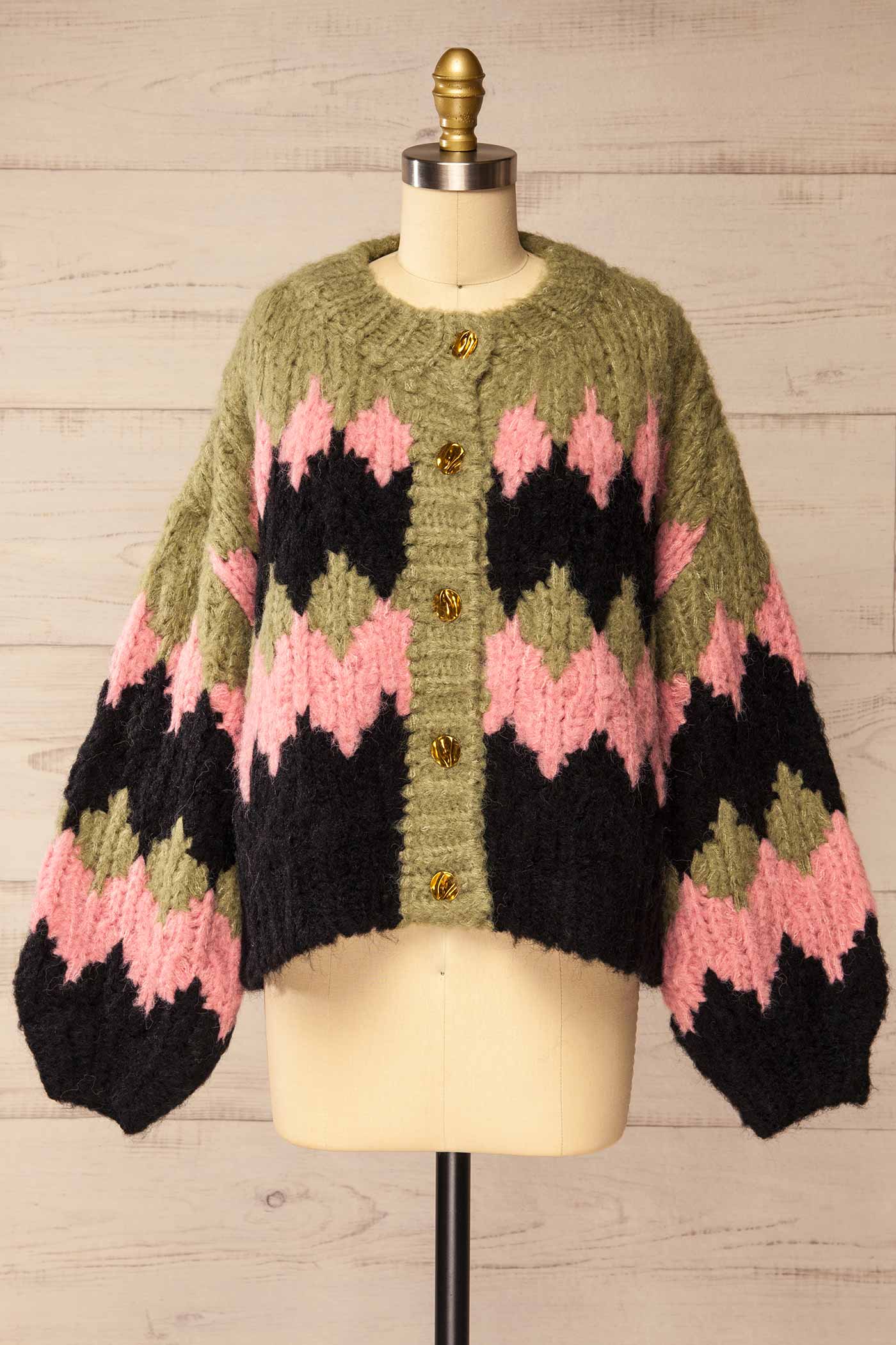 front view of Falmard Multicolor Chunky Knit Patterned Cardigan at La petite garçonne