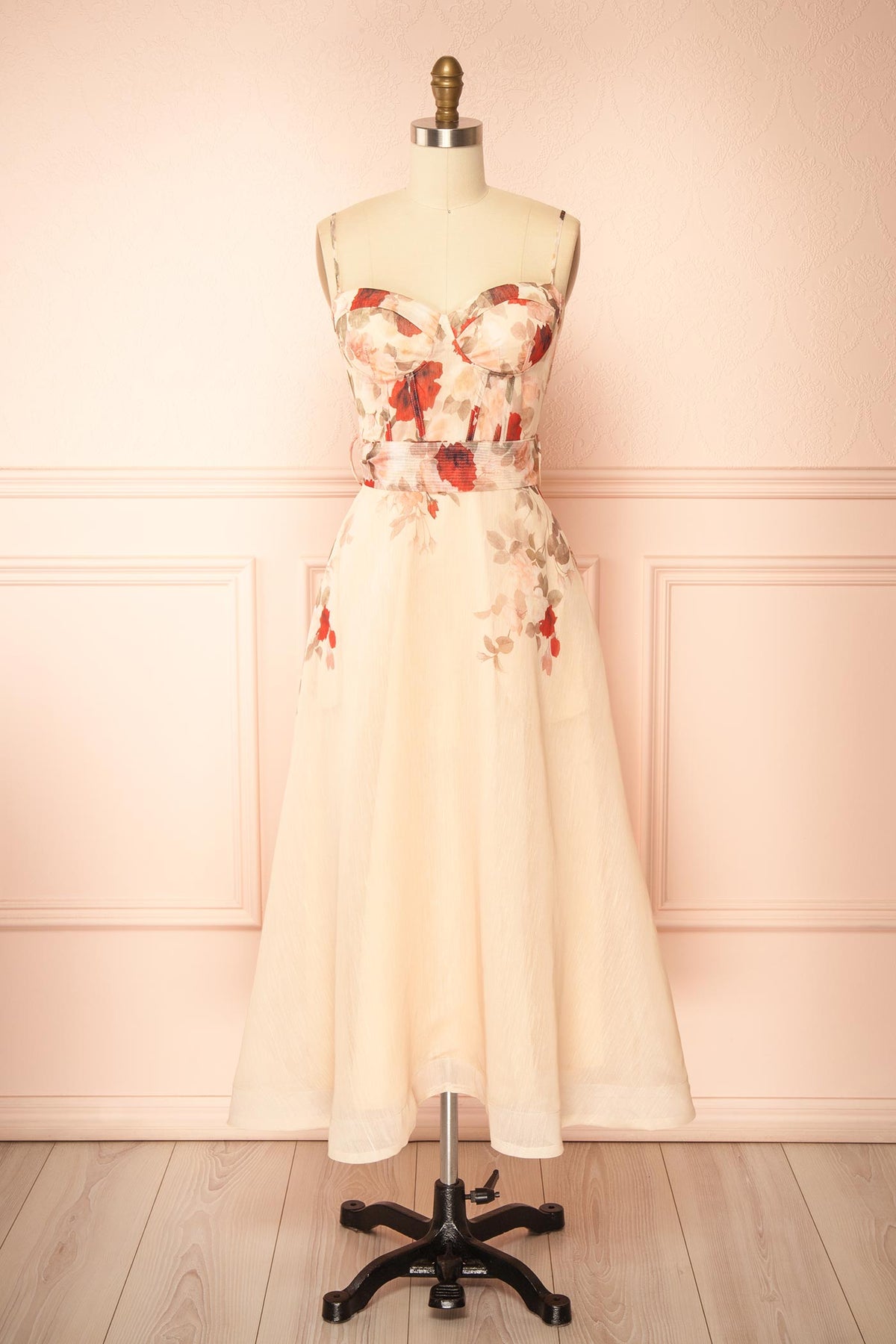 front view of Fanya Beige Long Floral Corset Dress with Pockets at Boutique 1861