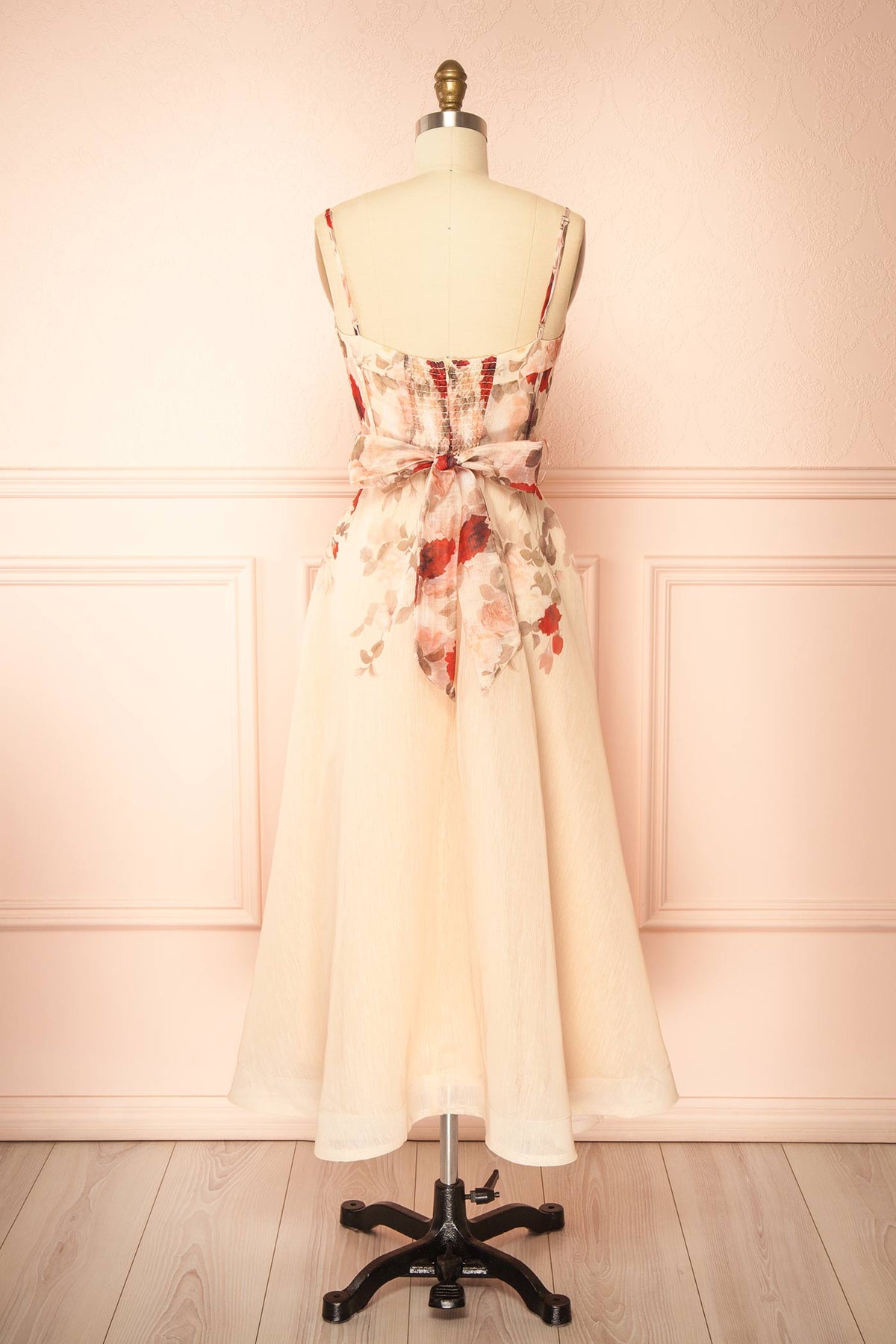back view of Fanya Beige Long Floral Corset Dress with Pockets at Boutique 1861