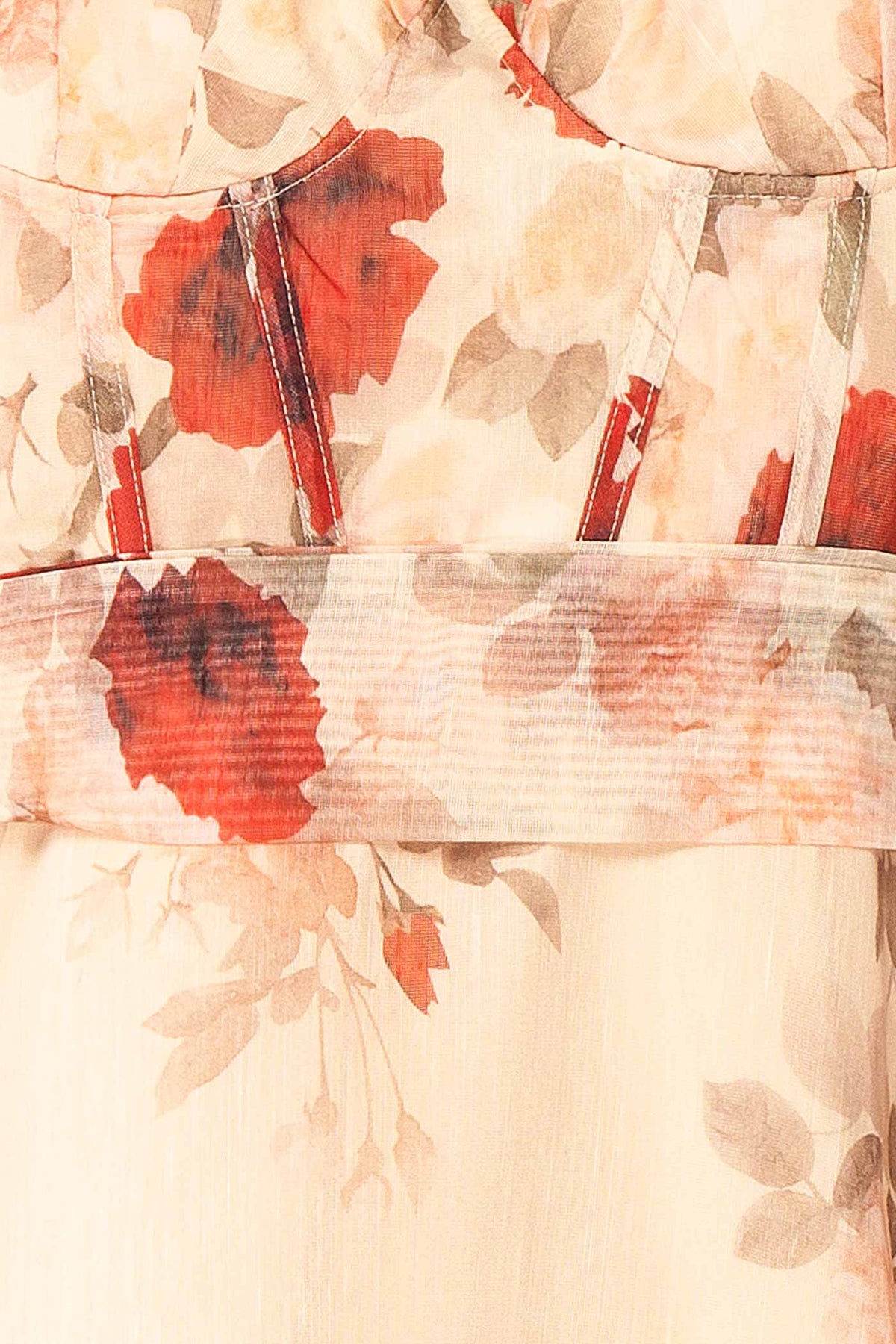 fabric view of Fanya Beige Long Floral Corset Dress with Pockets at Boutique 1861