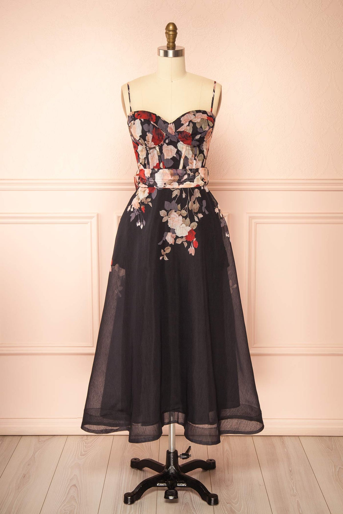 front view of Fanya Black Long Floral Corset Dress with Pockets at Boutique 1861