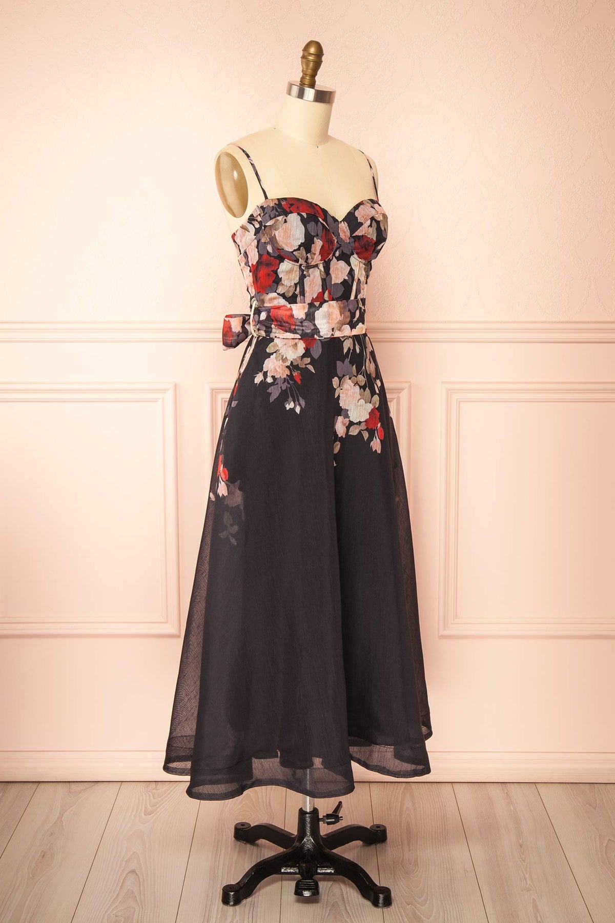 side view of Fanya Black Long Floral Corset Dress with Pockets at Boutique 1861