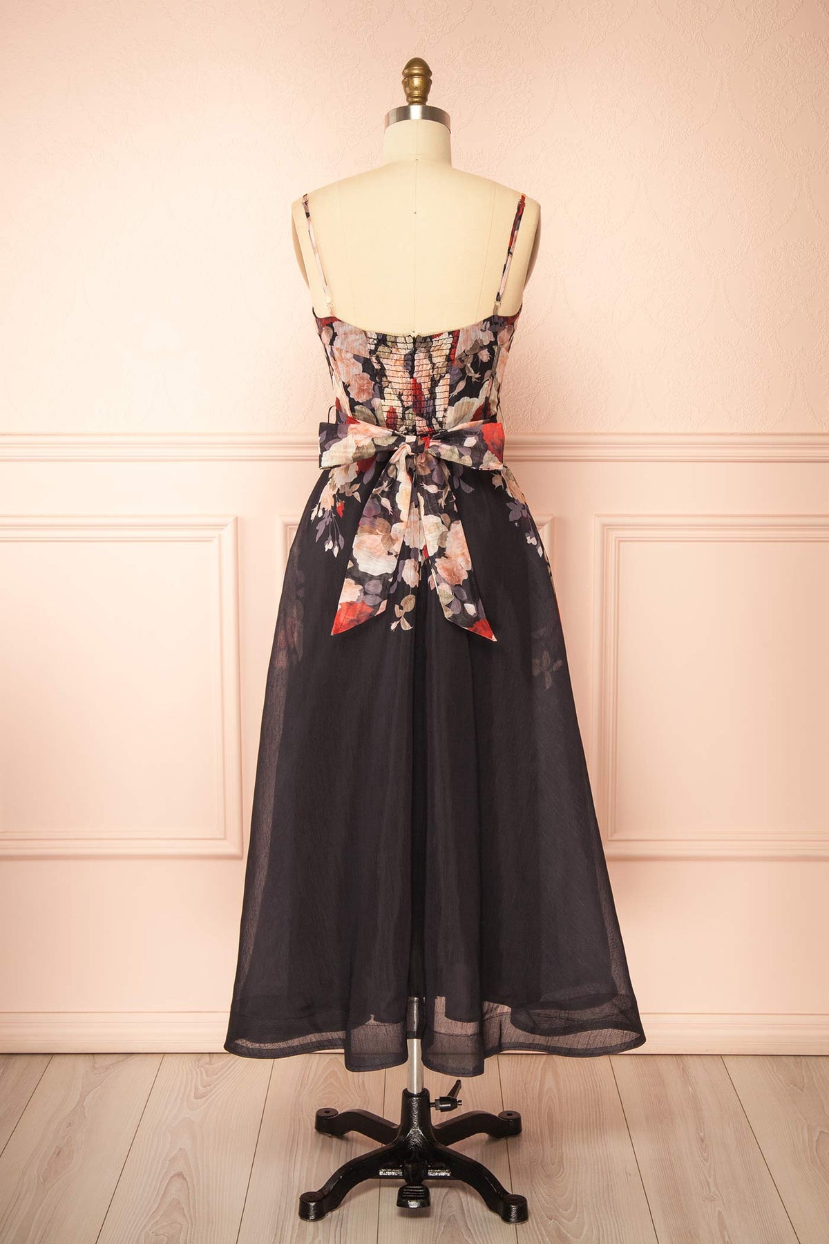 back view of Fanya Black Long Floral Corset Dress with Pockets at Boutique 1861