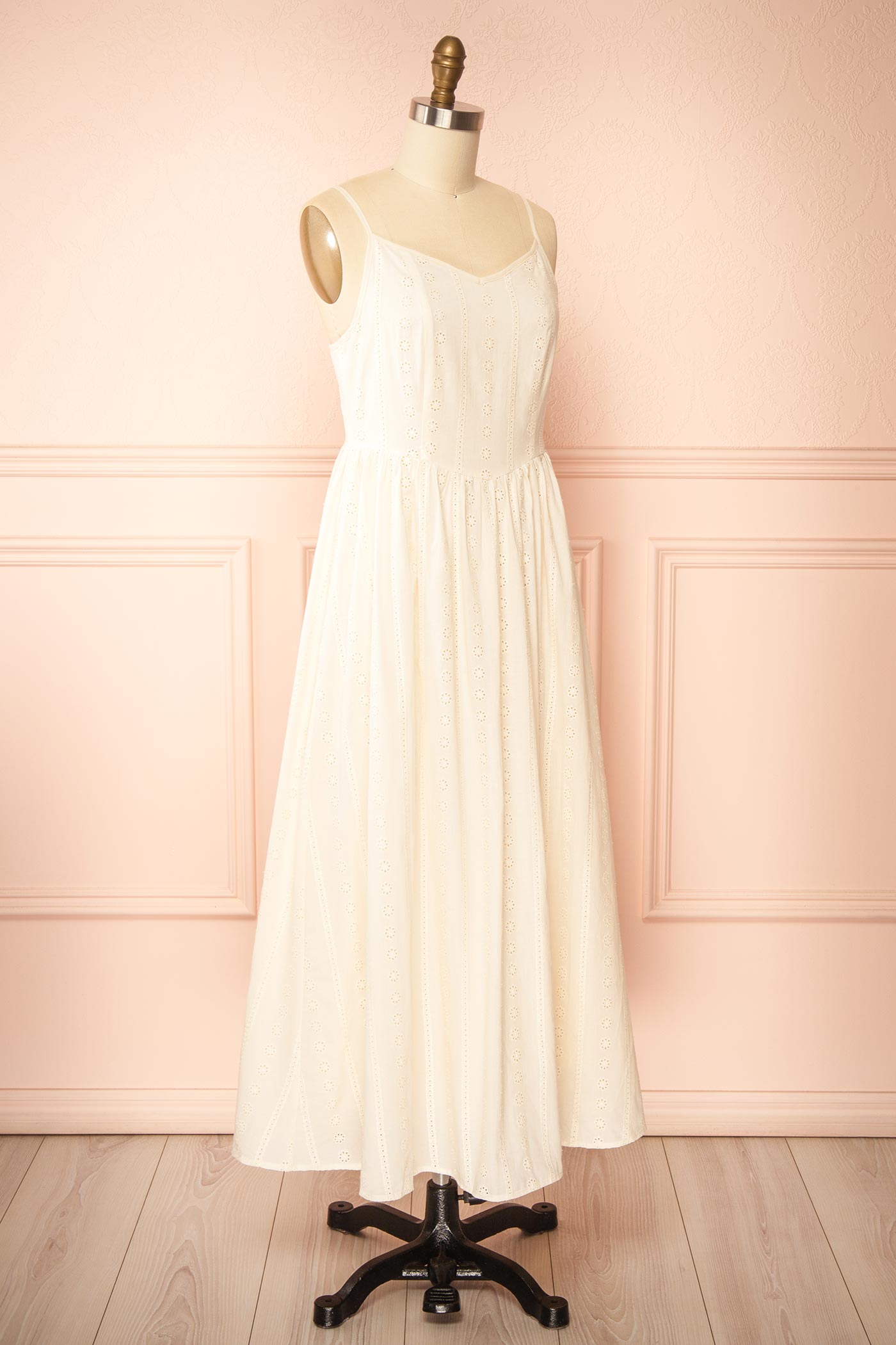 Sideview Farmdale Beige Midi Dress with Floral Eyelets at boutique 1861